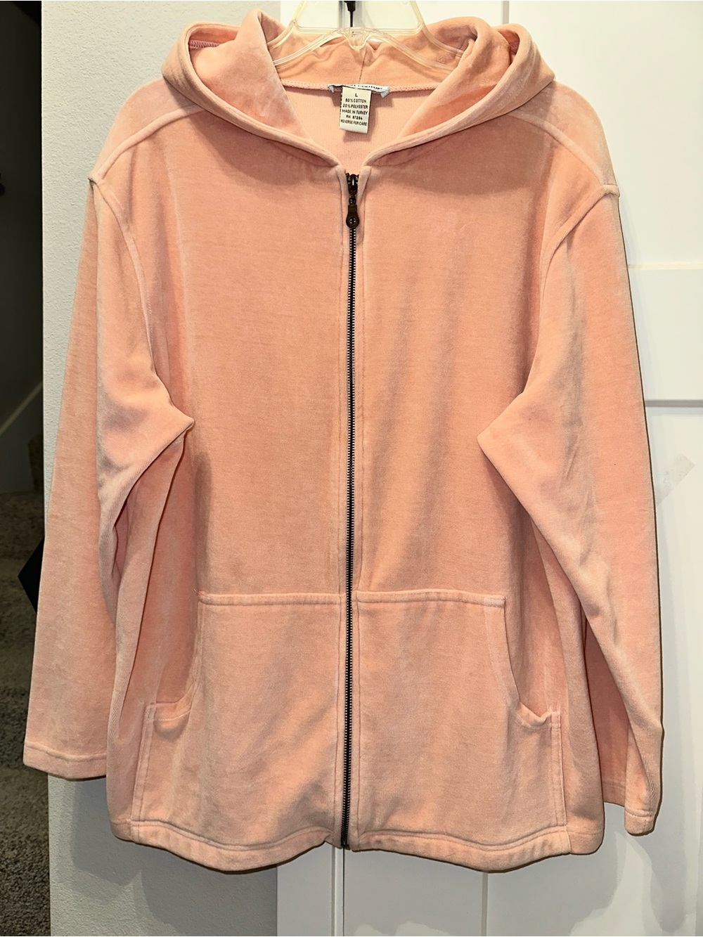 Cotton Couture Velour Zip-Front Hooded Jacket - Blush Pink size L